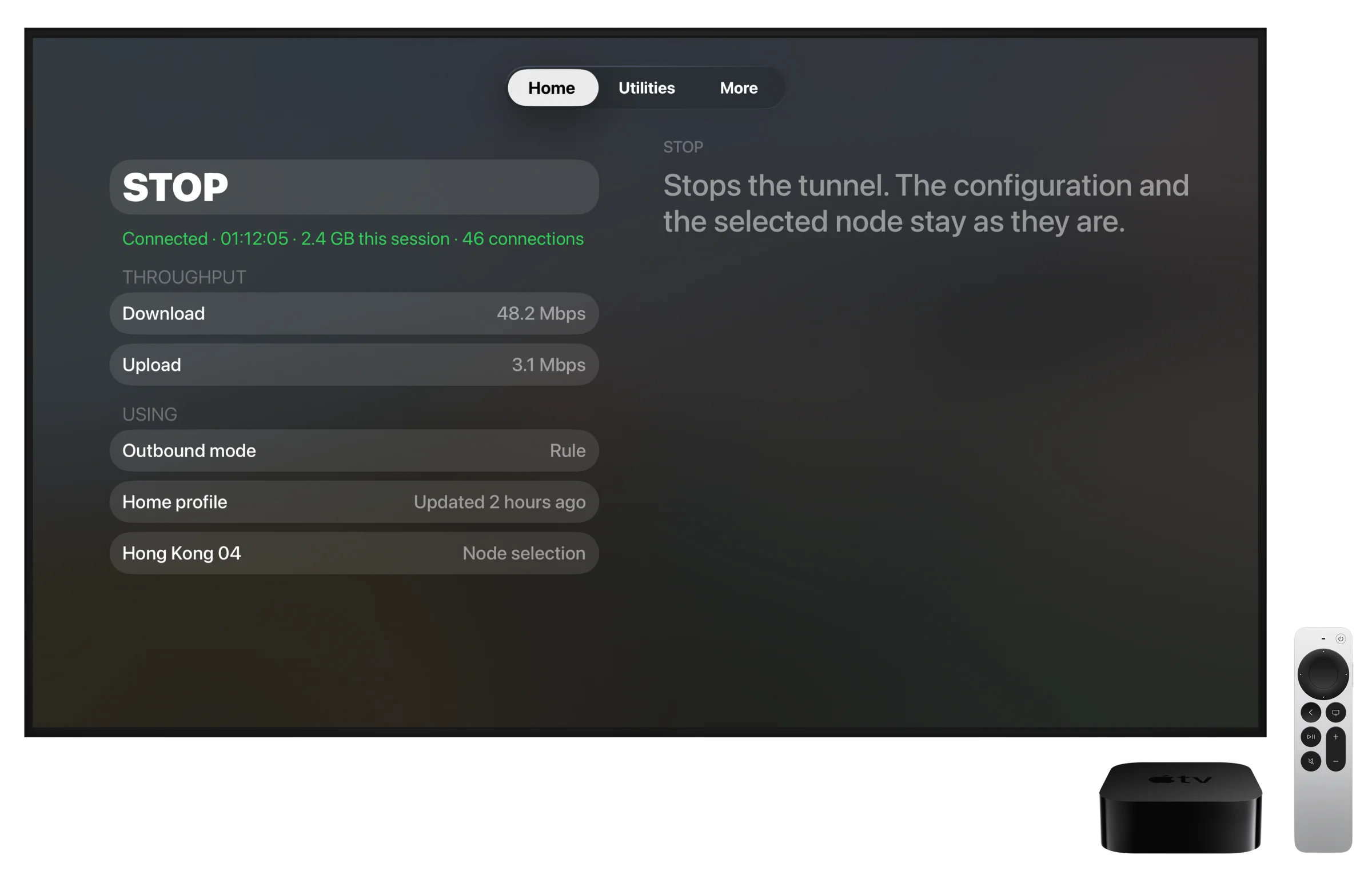 官方 Apple TV 设备框、Siri Remote 与运行中的 Clash
